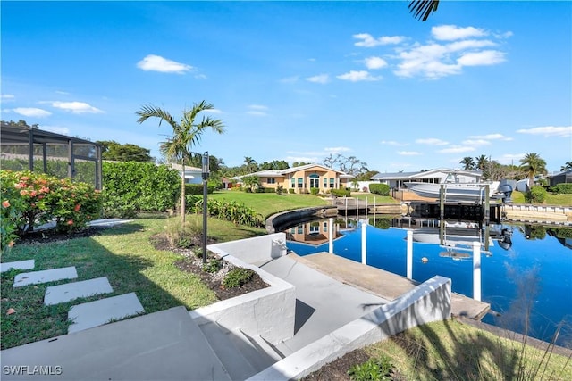 381 Norwood Ct, Fort Myers, FL 33919 - dock featuring boat lift, a yard, and a residential view