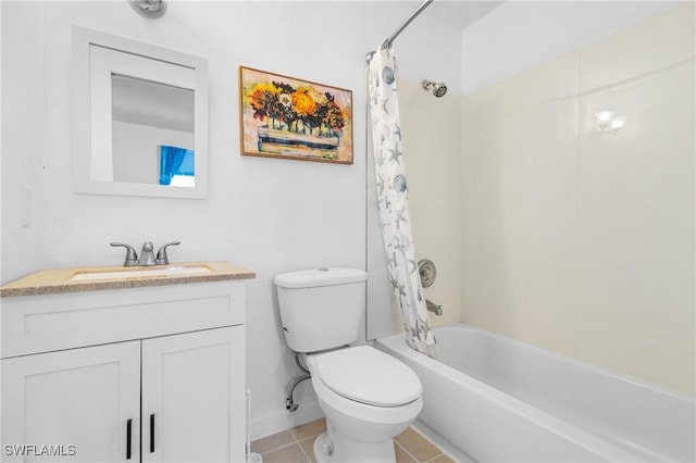 full bathroom with tile patterned flooring, vanity, toilet, and shower / bathtub combination with curtain