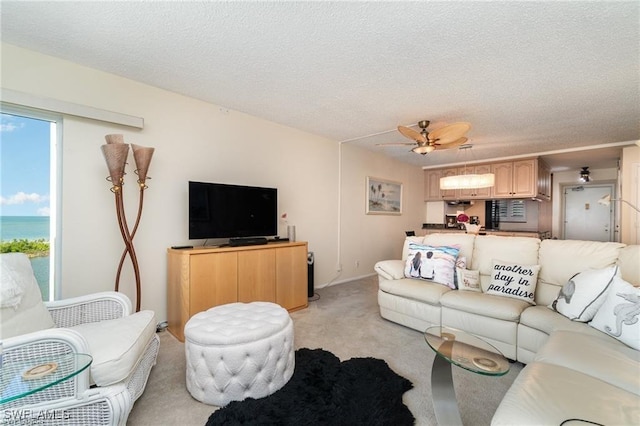 carpeted living room featuring ceiling fan and a textured ceiling