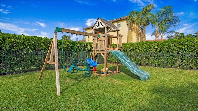 view of play area with a yard