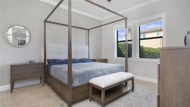 tiled bedroom with crown molding