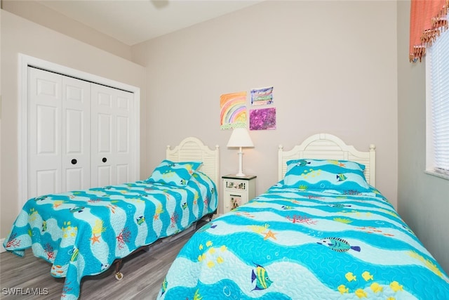 bedroom with wood-type flooring and a closet