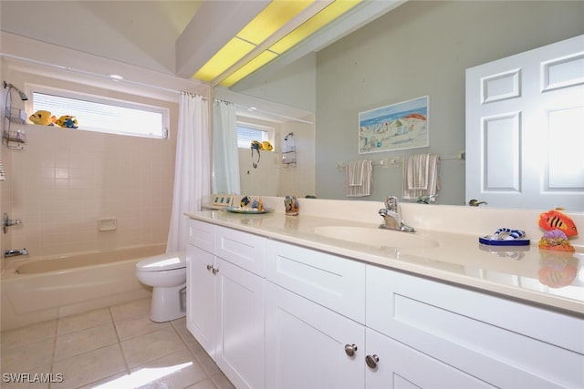 full bathroom featuring tile patterned flooring, shower / bath combo, vanity, and toilet