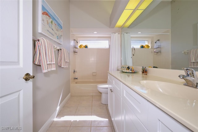 full bathroom featuring tile patterned floors, shower / bath combo, toilet, and vanity