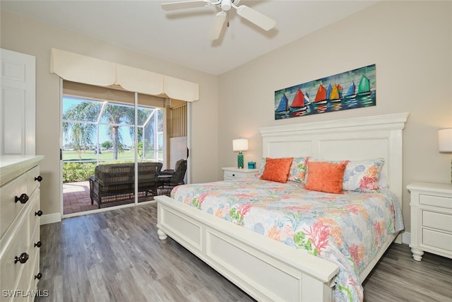 bedroom with access to outside, ceiling fan, and dark hardwood / wood-style floors