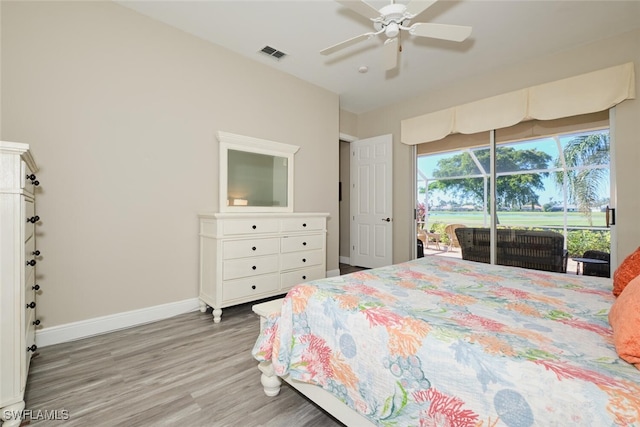 bedroom with access to outside, ceiling fan, and light hardwood / wood-style floors