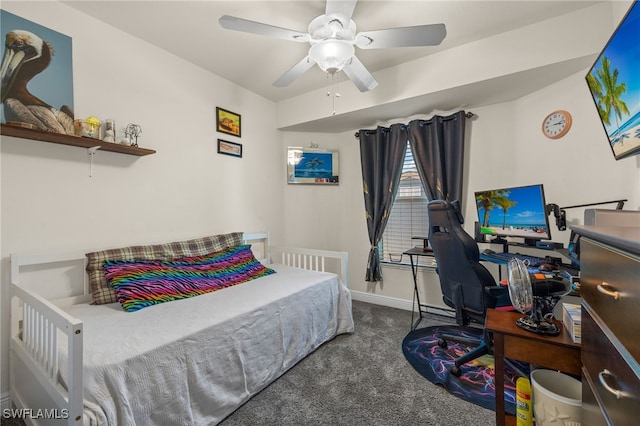 carpeted bedroom with ceiling fan