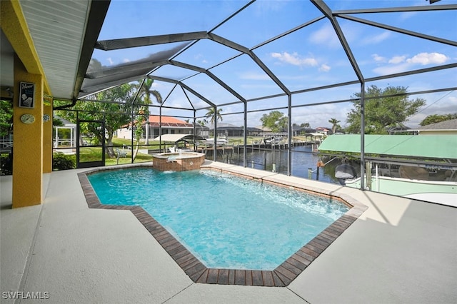 view of pool featuring a lanai, a boat dock, a water view, and an in ground hot tub