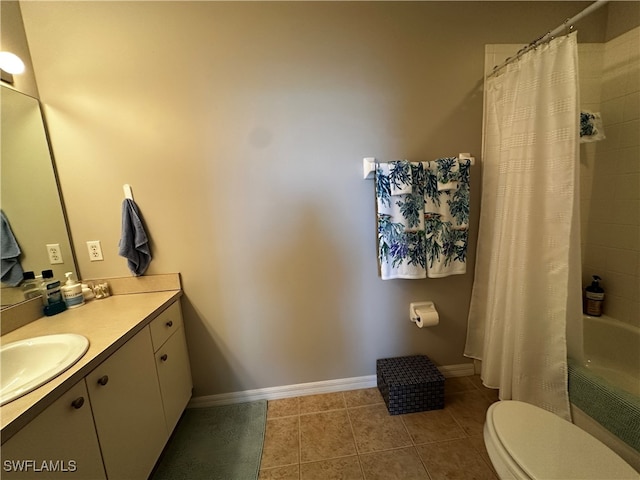 full bathroom with shower / bathtub combination with curtain, tile patterned flooring, vanity, and toilet