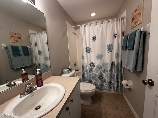 full bathroom with tile patterned floors, vanity, shower / bathtub combination with curtain, and toilet