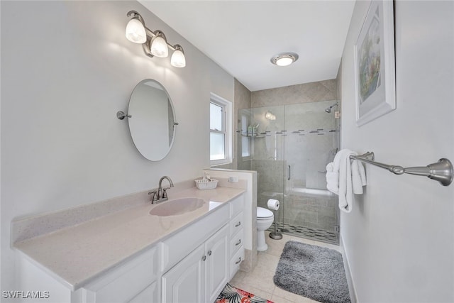 bathroom featuring tile patterned floors, vanity, toilet, and an enclosed shower