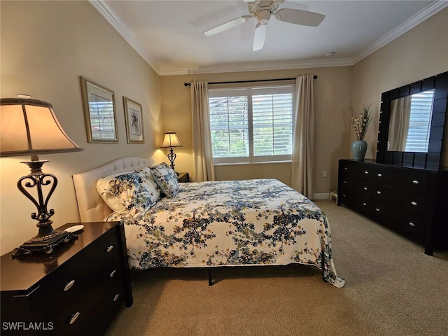 bedroom with ceiling fan, ornamental molding, and light carpet