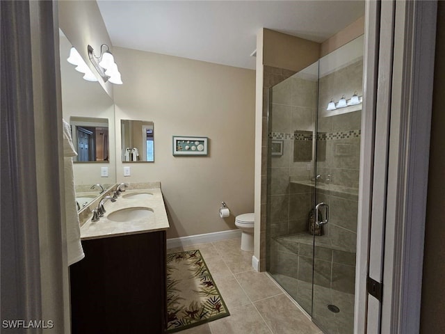 bathroom with tile patterned floors, vanity, toilet, and an enclosed shower