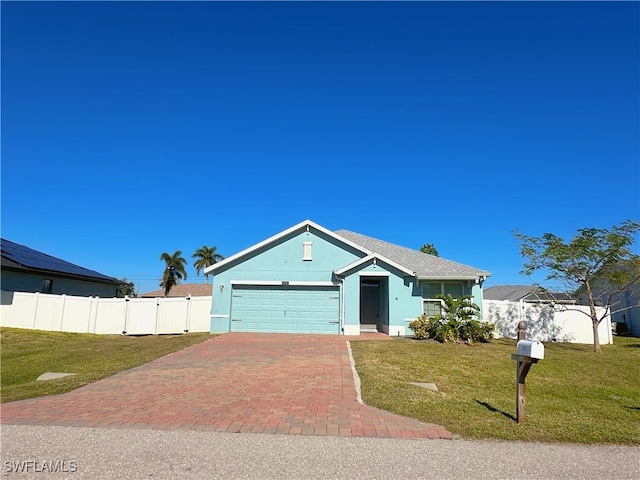 view of front of home with a garage and a front lawn