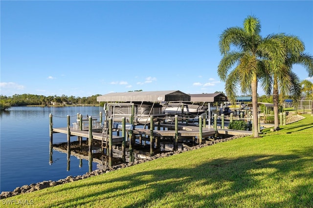 dock area with a water view and a lawn