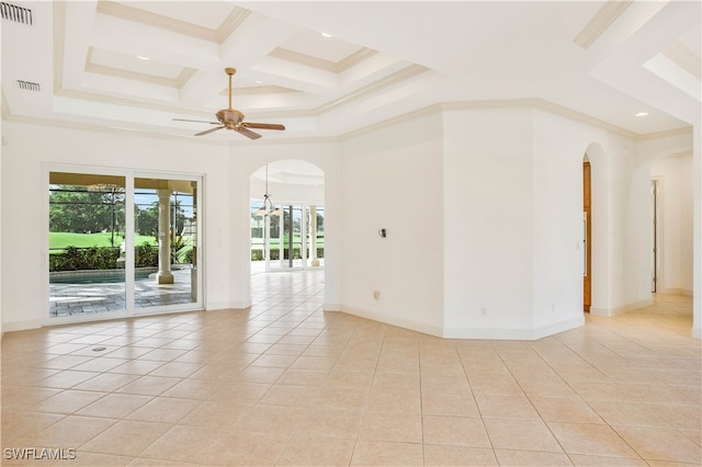 empty room featuring coffered ceiling, ornamental molding, ceiling fan with notable chandelier, beam ceiling, and light tile patterned flooring