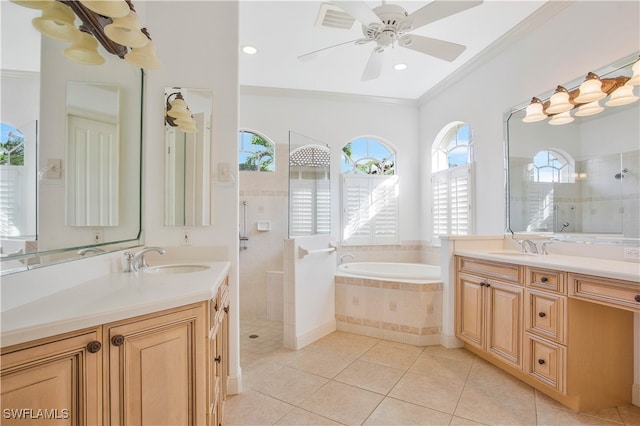 bathroom with ceiling fan, tile patterned floors, crown molding, vanity, and independent shower and bath