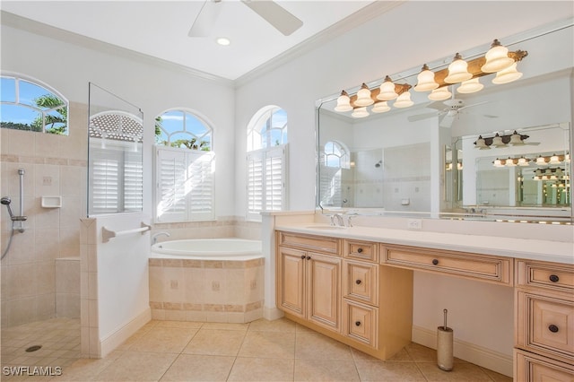 bathroom with shower with separate bathtub, tile patterned floors, and a healthy amount of sunlight