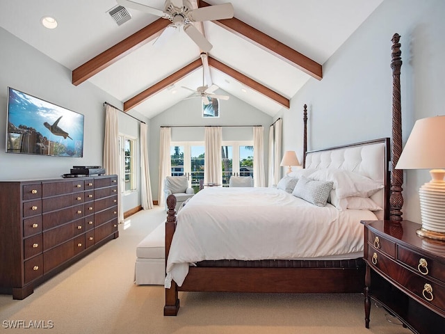 carpeted bedroom featuring ceiling fan, lofted ceiling with beams, and access to exterior