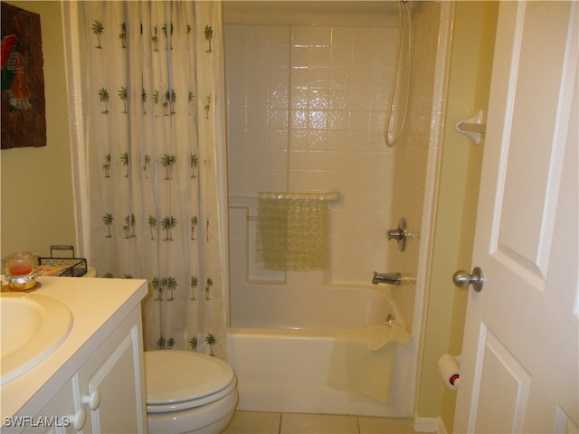 full bathroom with tile patterned flooring, vanity, toilet, and shower / tub combo