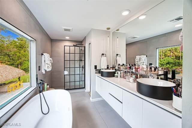 bathroom featuring vanity and a washtub