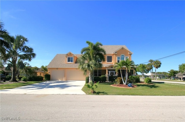 view of front of home with a front yard and a garage