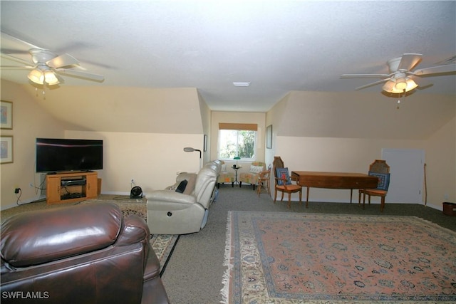 carpeted living room featuring ceiling fan