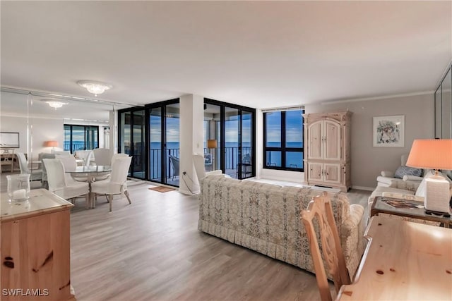 living room with light wood-type flooring, a water view, and floor to ceiling windows