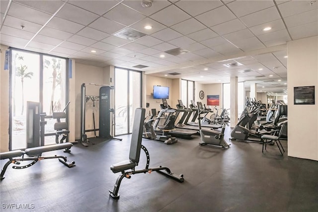 exercise room with plenty of natural light, a drop ceiling, and a wall of windows