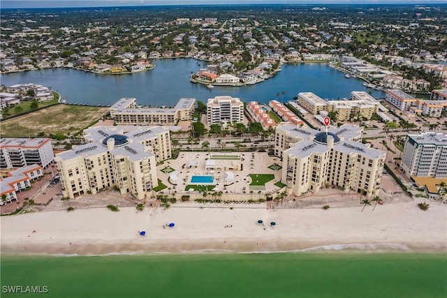 bird's eye view with a water view