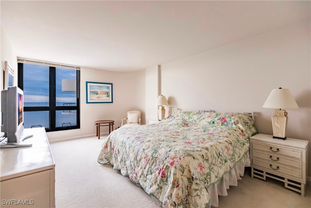 bedroom featuring light colored carpet