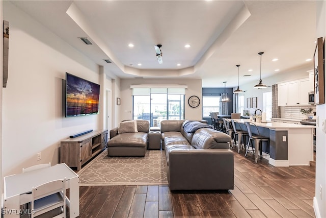 living room featuring a raised ceiling and dark hardwood / wood-style flooring