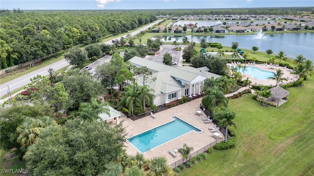 birds eye view of property featuring a water view