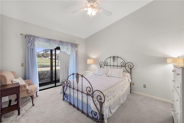 bedroom with light carpet, a ceiling fan, baseboards, vaulted ceiling, and access to outside