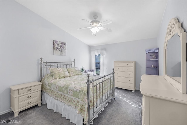 bedroom with vaulted ceiling, carpet floors, a ceiling fan, and baseboards