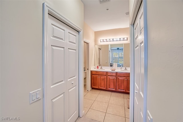 bathroom featuring tile patterned flooring, vanity, toilet, and ceiling fan