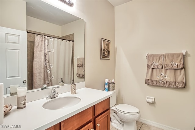 bathroom with tile patterned flooring, vanity, curtained shower, and toilet