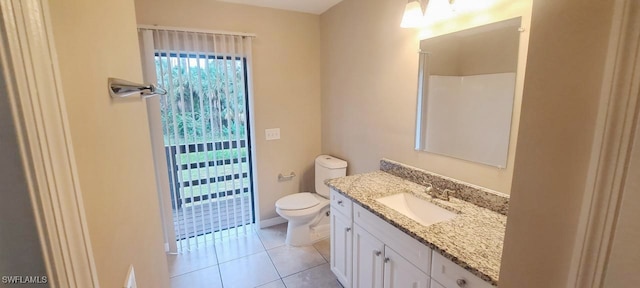 bathroom featuring toilet, tile patterned flooring, vanity, and walk in shower