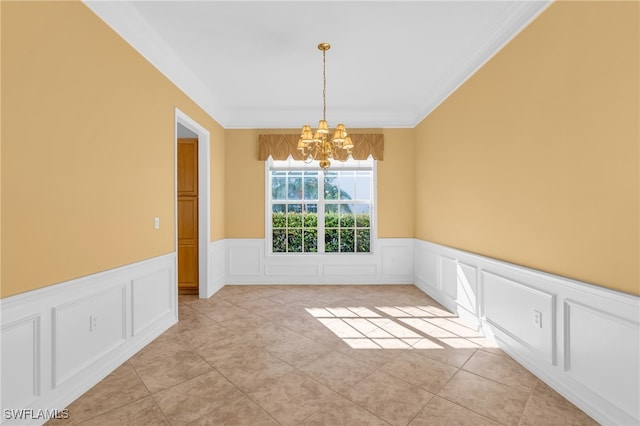 unfurnished dining area with crown molding, light tile patterned floors, and an inviting chandelier