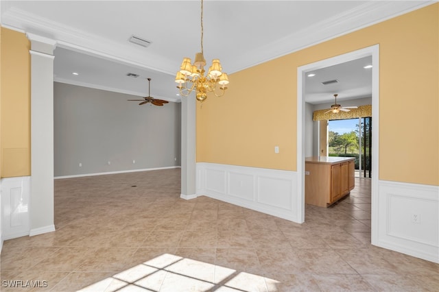 tiled empty room featuring ceiling fan with notable chandelier, ornate columns, and crown molding