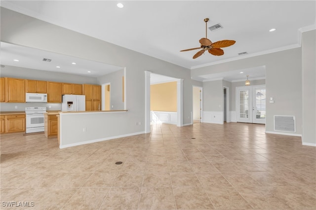 unfurnished living room featuring ceiling fan, light tile patterned floors, crown molding, and french doors