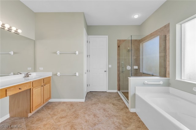 bathroom with separate shower and tub and vanity