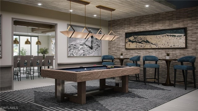 rec room featuring brick wall, wood ceiling, and billiards