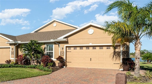 ranch-style home featuring an attached garage, decorative driveway, and stucco siding