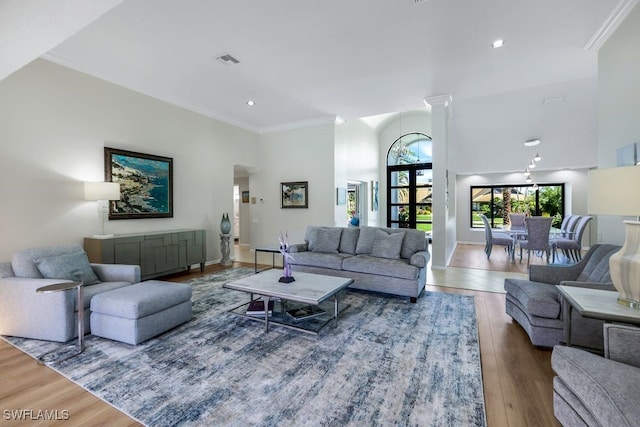 living room with wood-type flooring, ornamental molding, and a towering ceiling