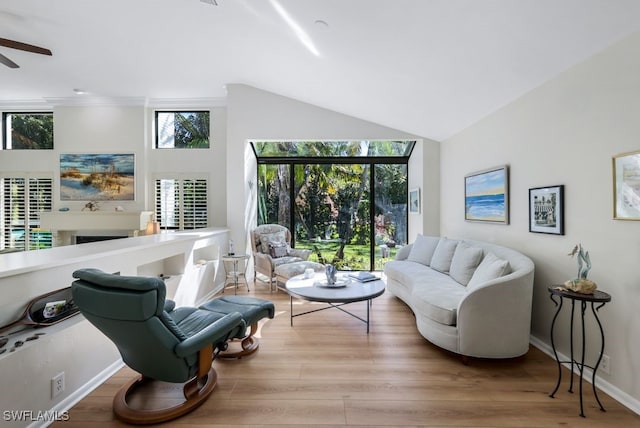 living room featuring hardwood / wood-style flooring, ceiling fan, and a healthy amount of sunlight