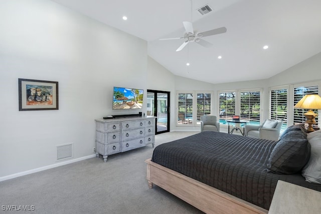 bedroom with ceiling fan, light colored carpet, access to outside, and high vaulted ceiling