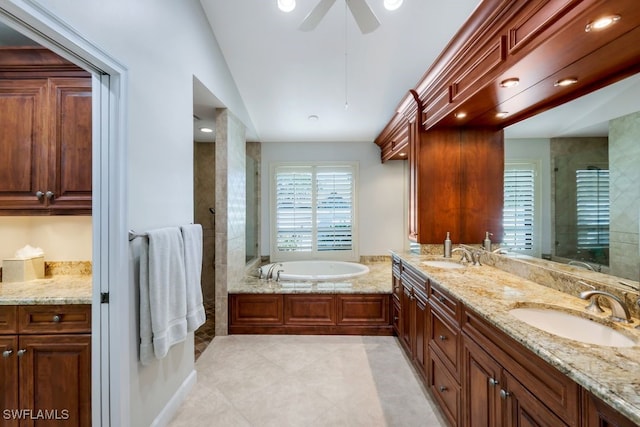 bathroom with separate shower and tub, ceiling fan, vanity, and vaulted ceiling