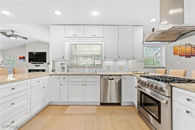 kitchen with a wealth of natural light, white cabinetry, island exhaust hood, and appliances with stainless steel finishes