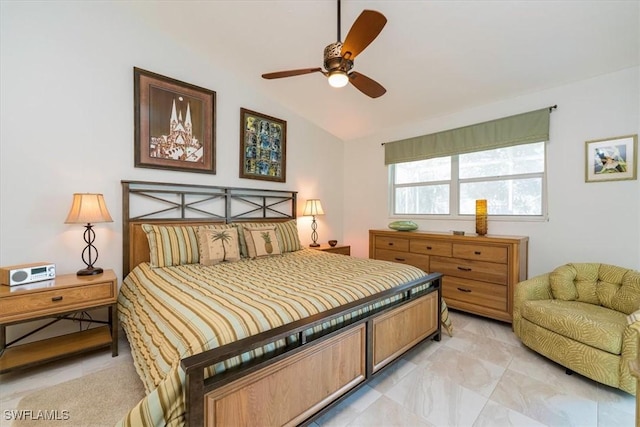 bedroom with ceiling fan and lofted ceiling